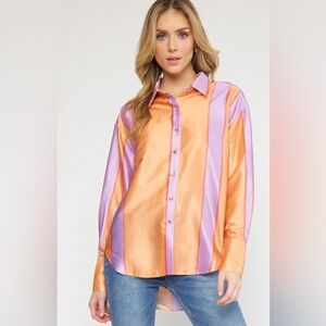 ENTRO Striped Long Sleeve Satin Like Button Down With Gold Buttons NWT